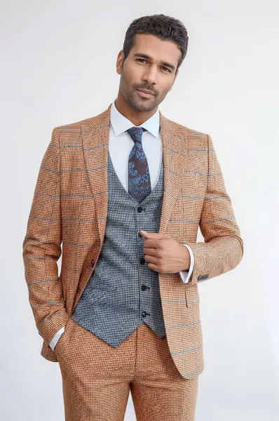 Desenli Slim Fit Turuncu Erkek Takım Elbise - Wessi