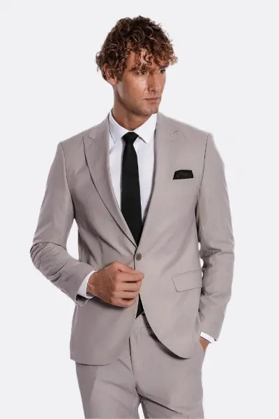 İki Parça Çizgili Slim Fit Gri Erkek Takım Elbise - Wessi
