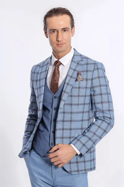 Ekose Ceketli Desenli Slim Fit Mavi Erkek Takım Elbise - Wessi