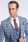 Ekose Ceketli Desenli Slim Fit Mavi Erkek Takım Elbise - Wessi-2