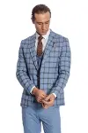 Ekose Ceketli Desenli Slim Fit Mavi Erkek Takım Elbise - Wessi-5