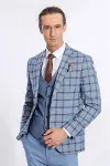 Ekose Ceketli Desenli Slim Fit Mavi Erkek Takım Elbise - Wessi-1