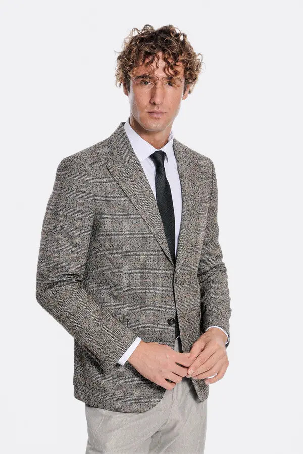 Ekose Desen Slim Fit Siyah Erkek Ceket - Wessi