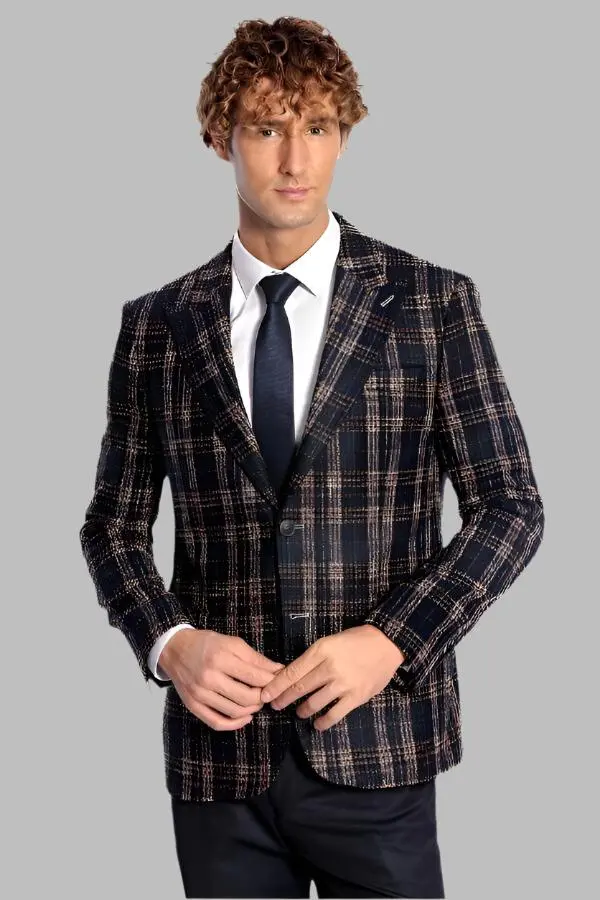Ekose Desen Slim Fit Lacivert Erkek Ceket - Wessi