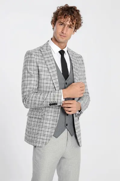 Gri Yelekli Slim Fit Ekose Açık Gri Erkek Takım Elbise - Wessi