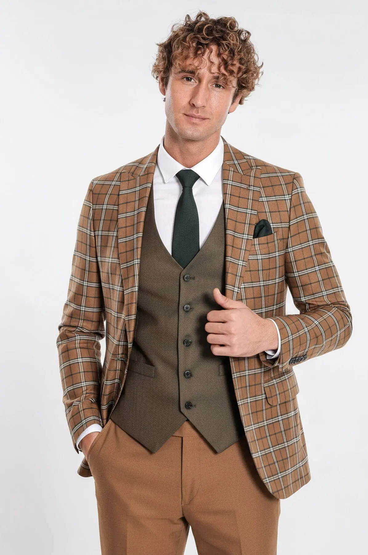 Kahverengi Yelekli Slim Fit Ekose Taba Erkek Takım Elbise - Wessi