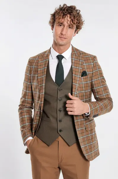 Kahverengi Yelekli Slim Fit Ekose Taba Erkek Takım Elbise - Wessi