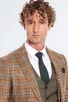 Kahverengi Yelekli Slim Fit Ekose Taba Erkek Takım Elbise - Wessi-2