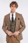 Kahverengi Yelekli Slim Fit Ekose Taba Erkek Takım Elbise - Wessi-3