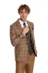 Kahverengi Yelekli Slim Fit Ekose Taba Erkek Takım Elbise - Wessi-5