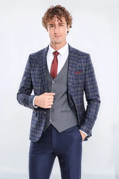 Mavi Yelekli Slim Fit Ekose Lacivert Erkek Takım Elbise - Wessi