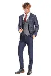 Mavi Yelekli Slim Fit Ekose Lacivert Erkek Takım Elbise - Wessi-3