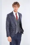 Mavi Yelekli Slim Fit Ekose Lacivert Erkek Takım Elbise - Wessi-4