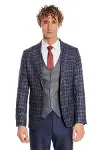 Mavi Yelekli Slim Fit Ekose Lacivert Erkek Takım Elbise - Wessi-5