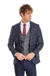 Mavi Yelekli Slim Fit Ekose Lacivert Erkek Takım Elbise - Wessi-6