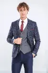 Mavi Yelekli Slim Fit Ekose Lacivert Erkek Takım Elbise - Wessi-1