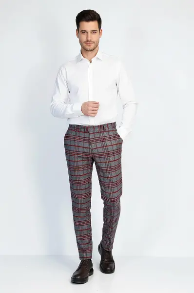 Ekose Desenli Slim Fit Koyu Mavi Erkek Pantolon - Wessi