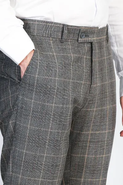 Kare Desenli Slim Fit Füme Erkek Pantolon - Wessi