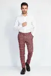 Ekose Desenli Slim Fit Bordo Erkek Pantolon - Wessi-4