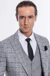 Ekose Ceketli Slim Fit Açık Gri Erkek Takım Elbise - Wessi-2