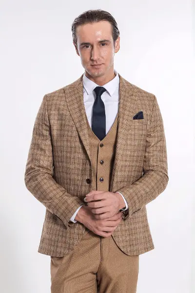 Ekose Ceketli Slim Fit Taba Erkek Takım Elbise - Wessi