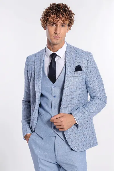 Ekose Ceketli Slim Fit Açık Mavi Erkek Takım Elbise - Wessi