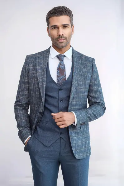 Ekose Ceketli Slim Fit Mavi Erkek Takım Elbise - Wessi