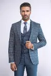 Ekose Ceketli Slim Fit Mavi Erkek Takım Elbise - Wessi-5
