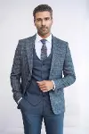 Ekose Ceketli Slim Fit Mavi Erkek Takım Elbise - Wessi-1