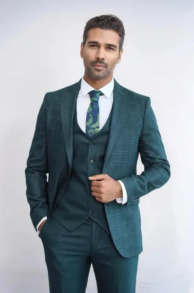 Ekose Ceketli Slim Fit Yeşil Erkek Takım Elbise - Wessi