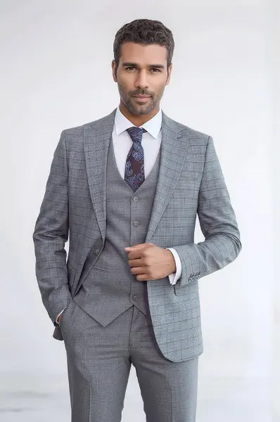 Ekose Ceketli Slim Fit Gri Erkek Takım Elbise - Wessi
