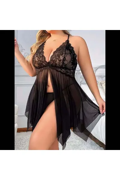 Closet Siyah Tül Büyük Beden Gecelik