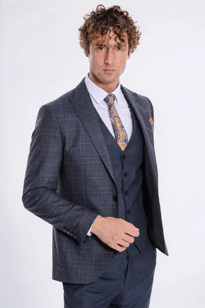 Ekose Ceketli Slim Fit Lacivert Erkek Takım Elbise - Wessi