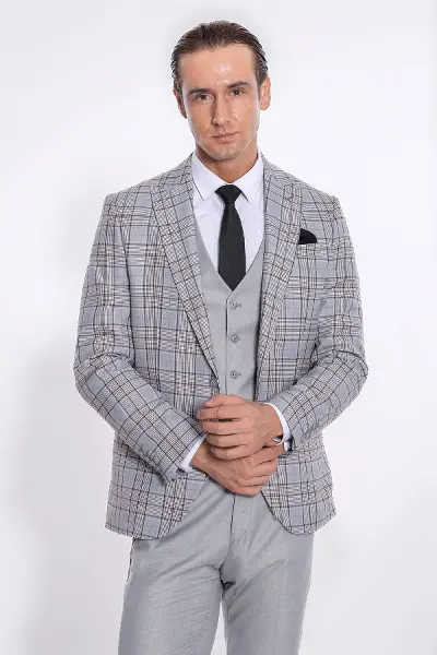 Ekose Ceketli Slim Fit Açık Gri Erkek Takım Elbise - Wessi