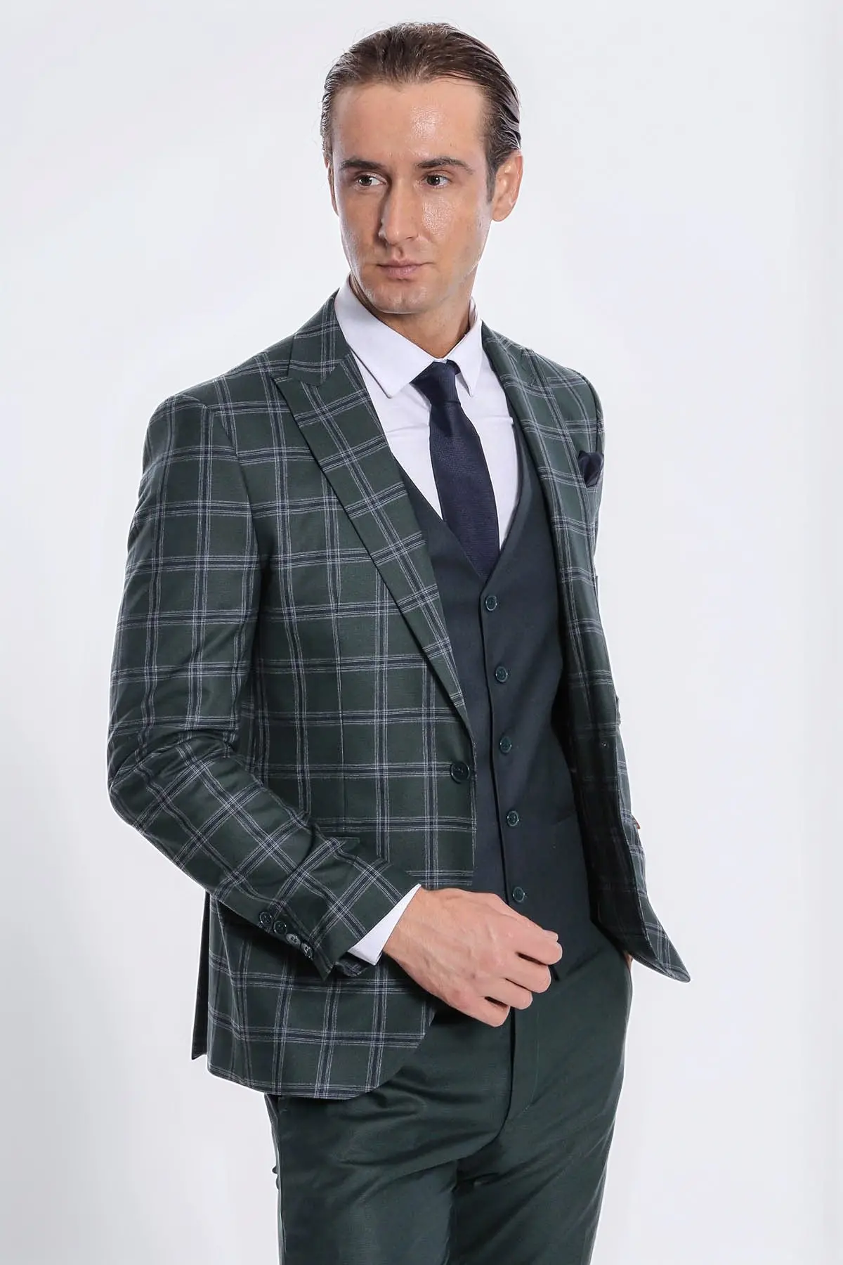 Ekose Ceketli Desenli Slim Fit Yeşil Erkek Takım Elbise - Wessi