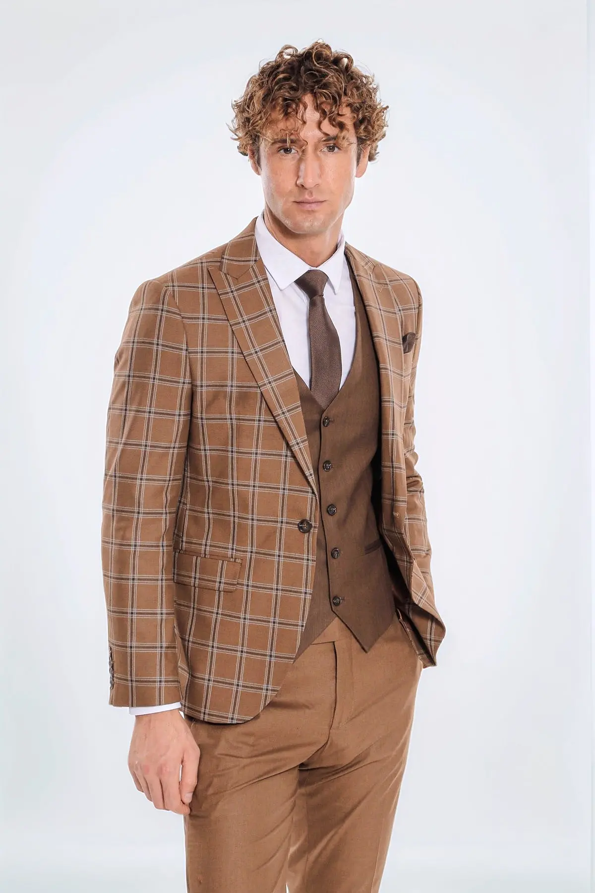 Ekose Ceketli Desenli Slim Fit Kahverengi Erkek Takım Elbise - Wessi