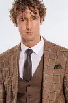 Ekose Ceketli Desenli Slim Fit Kahverengi Erkek Takım Elbise - Wessi-2