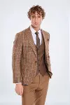 Ekose Ceketli Desenli Slim Fit Kahverengi Erkek Takım Elbise - Wessi-1