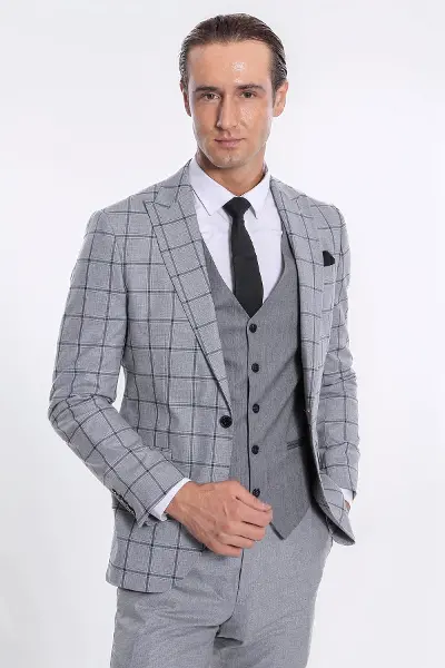 Ekose Ceketli Desenli Slim Fit Gri Erkek Takım Elbise - Wessi