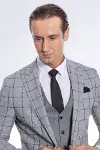 Ekose Ceketli Desenli Slim Fit Gri Erkek Takım Elbise - Wessi-2