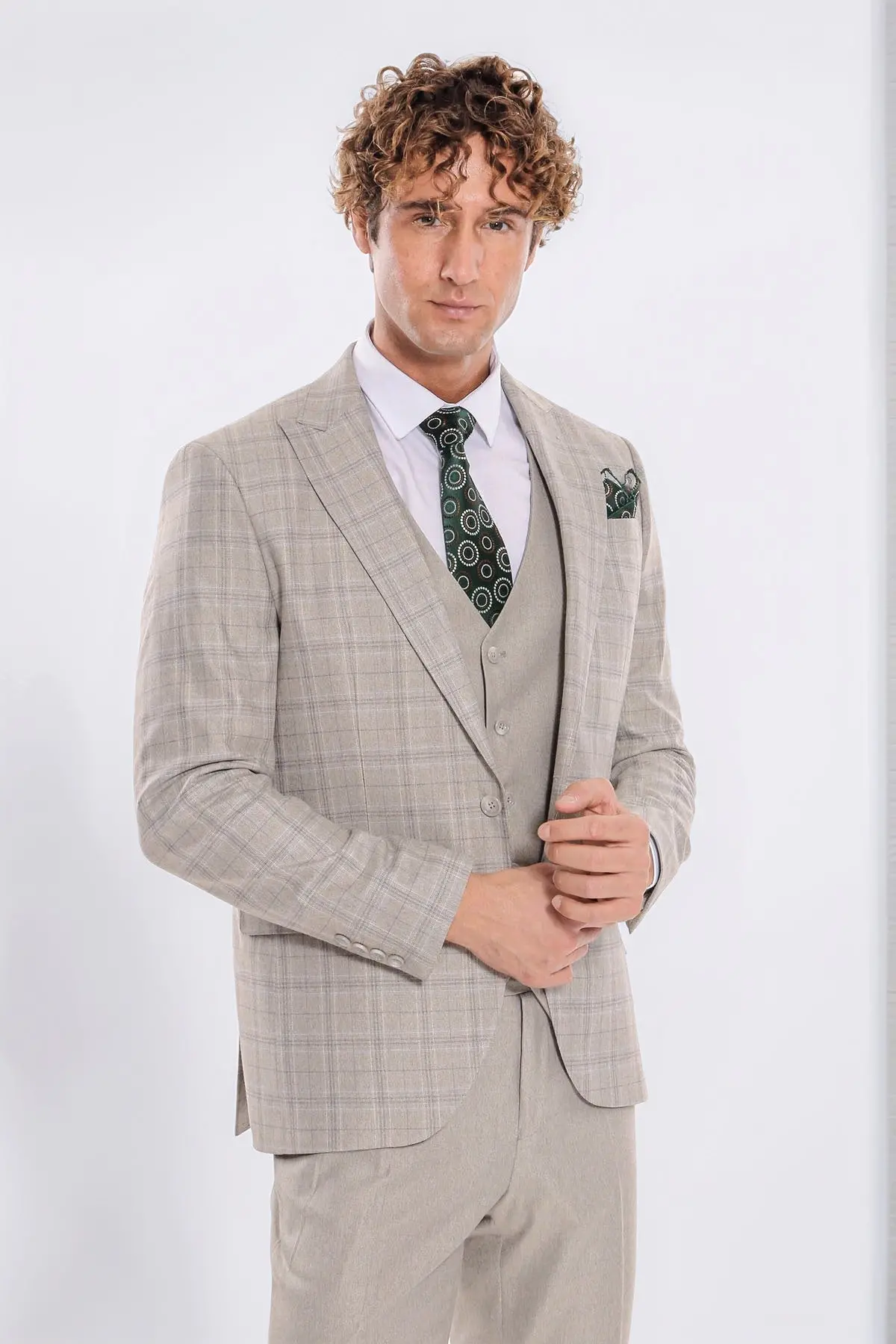 Ekose Ceketli Slim Fit Krem Erkek Takım Elbise - Wessi