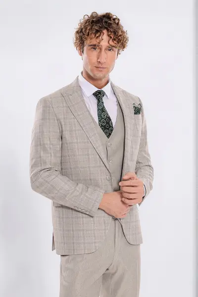 Ekose Ceketli Slim Fit Krem Erkek Takım Elbise - Wessi