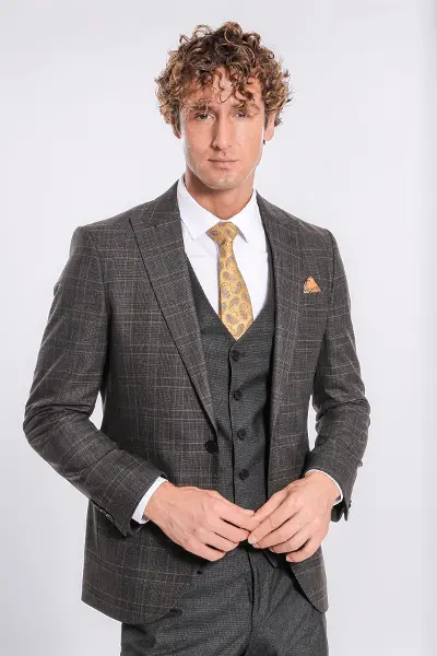 Ekose Ceketli Slim Fit Füme Erkek Takım Elbise - Wessi