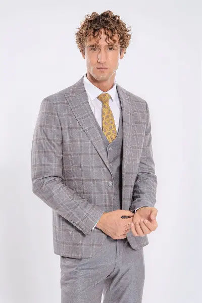 Ekose Ceketli Slim Fit Açık Mavi Erkek Takım Elbise | Wessi
