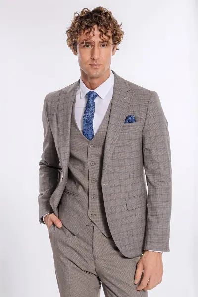 Ekose Ceketli Slim Fit Açık Kahve Erkek Takım Elbise - Wessi