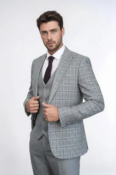 Açık Gri Ekose Ceketli Slim Fit Takım Elbise - Wessi