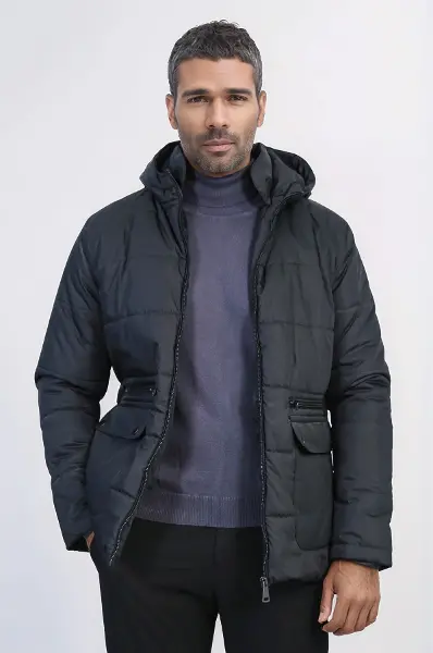 Slim Fit Kapüşonlu Siyah Erkek Şişme Mont - Wessi
