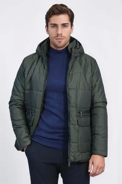Slim Fit Kapüşonlu Yeşil Erkek Şişme Mont - Wessi