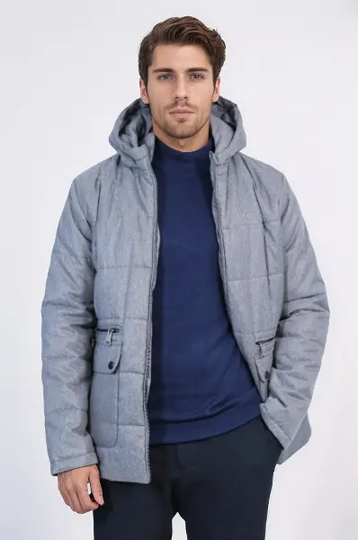 Slim Fit Kapüşonlu Gri Erkek Şişme Mont - Wessi