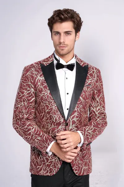 Işıltılı Sarmaşık Desenli Slim Fit Bordo Erkek Smokin Ceket - Wessi